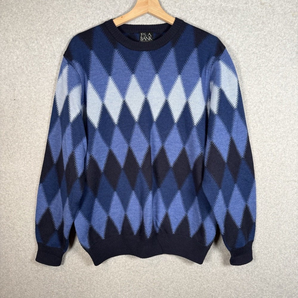 Jos a bank sweater mens medium vintage 90s merino wool blue argyle pullover